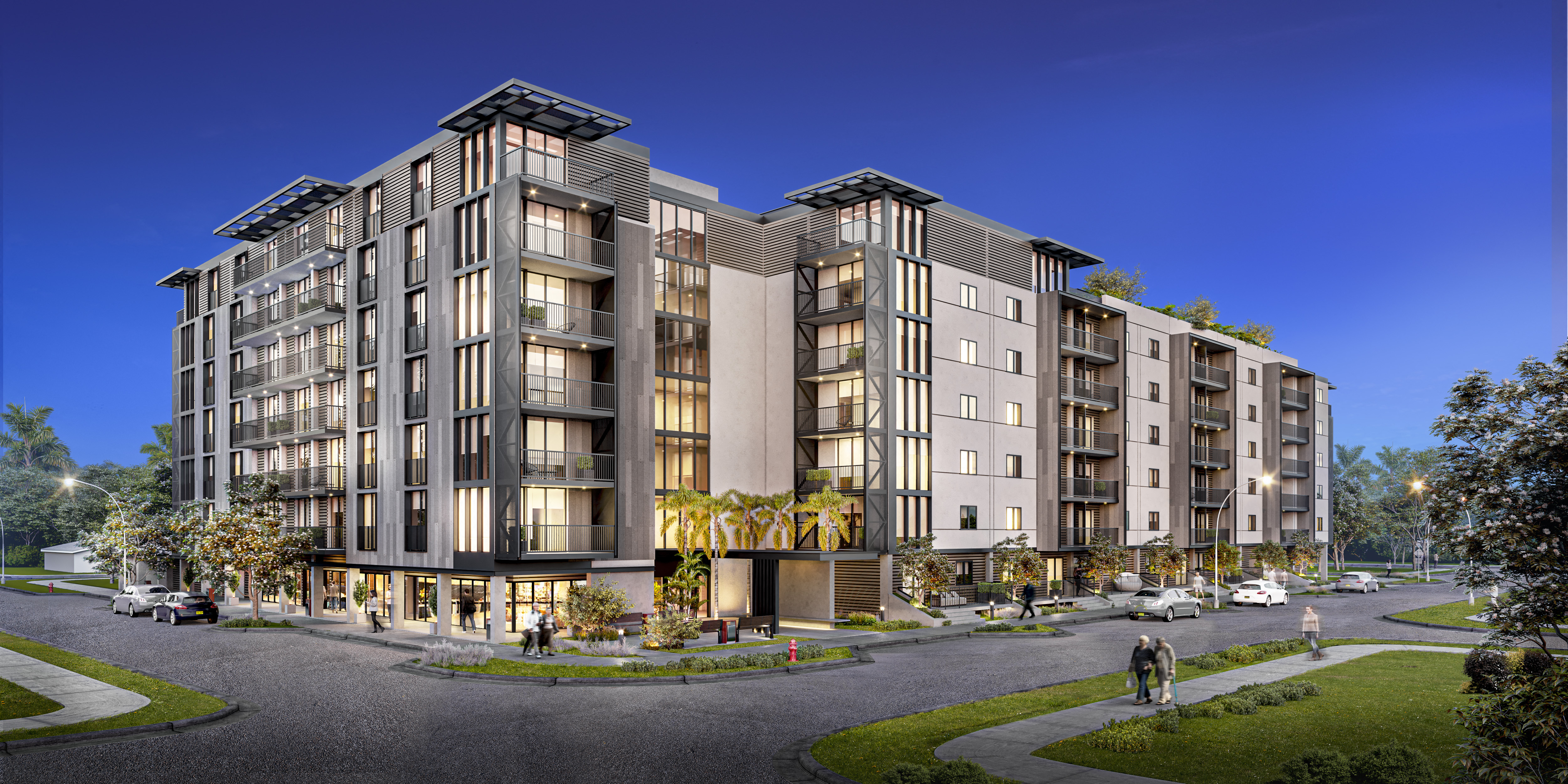 a rendering of an apartment building on a city street